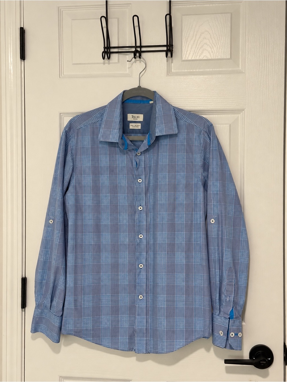 Tiglio Sport Men’s Large Blue Plaid Button Down Shirt 100% Cotton Made in Italy